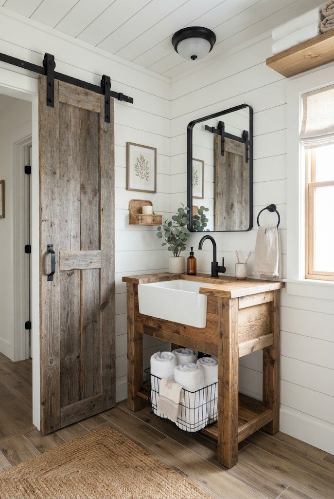 Modern farmhouse bathroom with white shiplap, sliding barn door and wood vanity