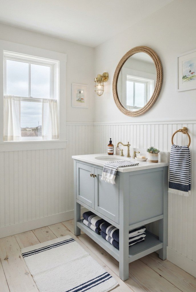 New England coastal bathroom with white beadboard, navy striped towels and rope mirror