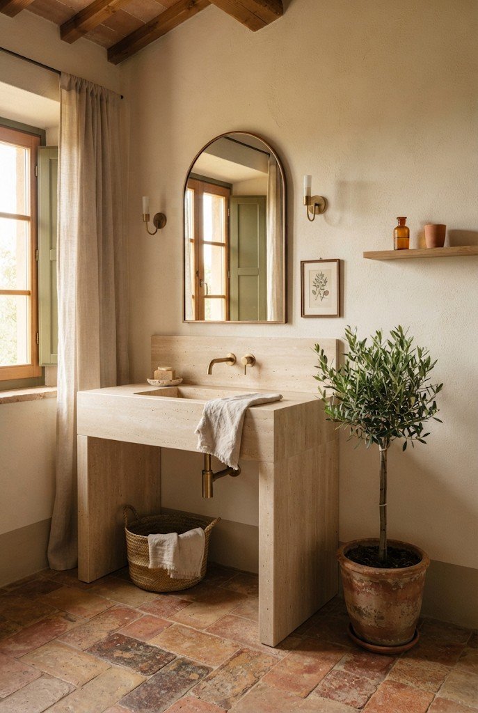 Italian-style bathroom with travertine vanity, arched mirror and olive tree