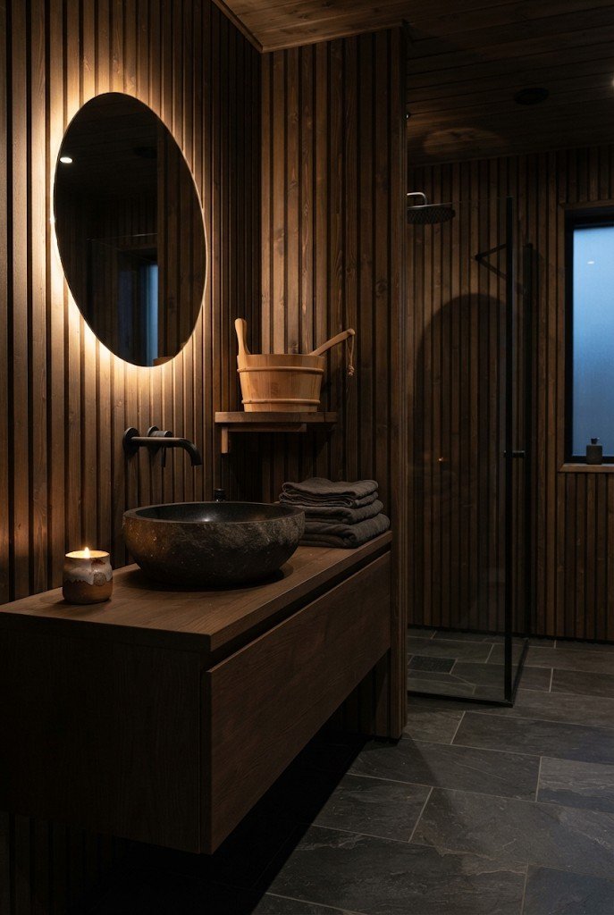 Nordic sauna-inspired bathroom with dark wood slat walls and warm low lighting