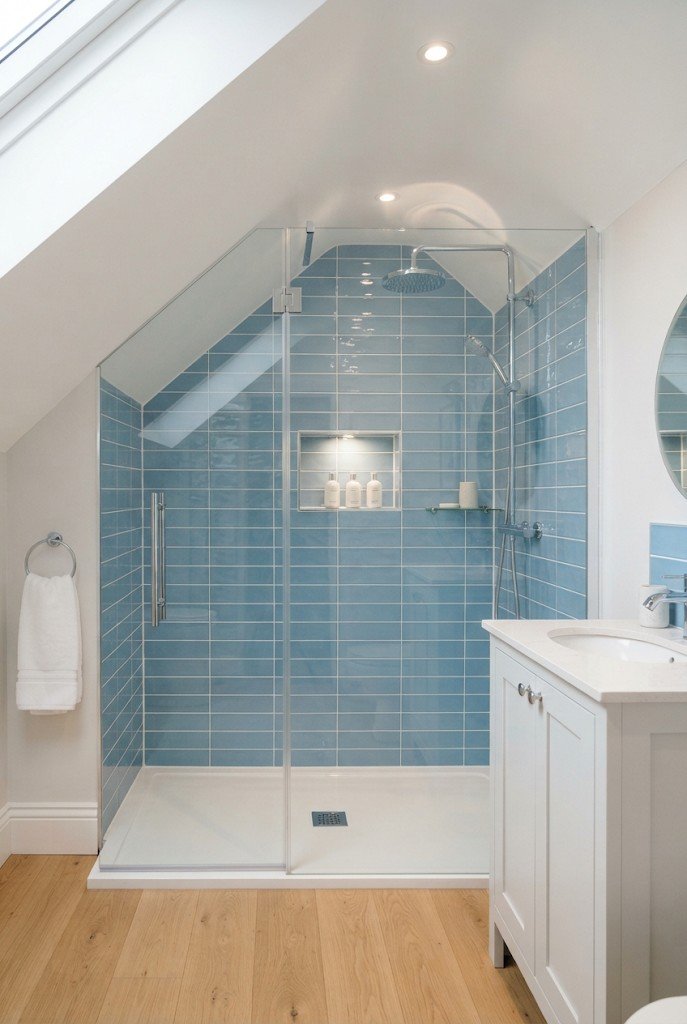 Walk-in shower with glossy sky-blue subway tile, glass panel and lit niche under a sloped ceiling