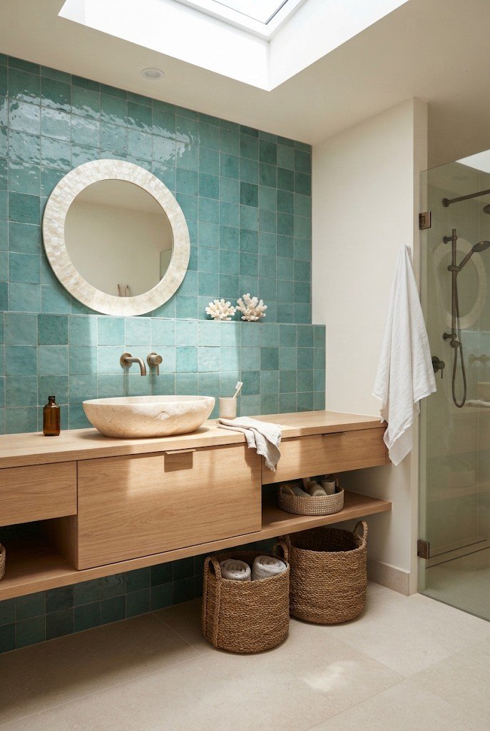 Sea-glass teal zellige tile wall with a floating light oak vanity, vessel sink and round shell mirror