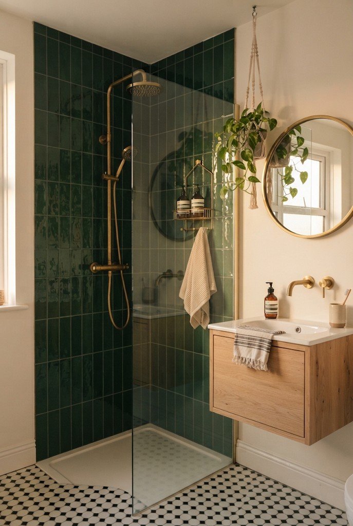 Deep emerald green vertical stacked tile shower wall with brushed brass fixtures