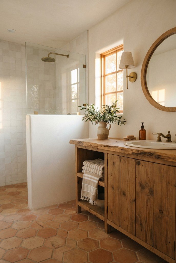 Terracotta hexagon floor tile in a bright white bathroom with a wood vanity