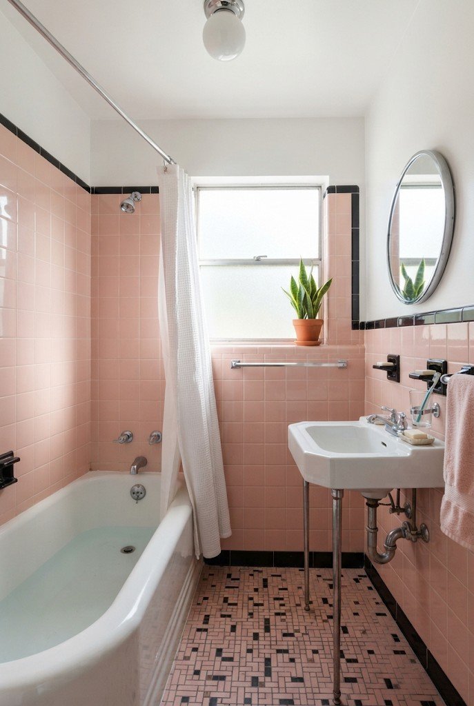 Retro blush pink square tile bathroom with a white tub and green plant
