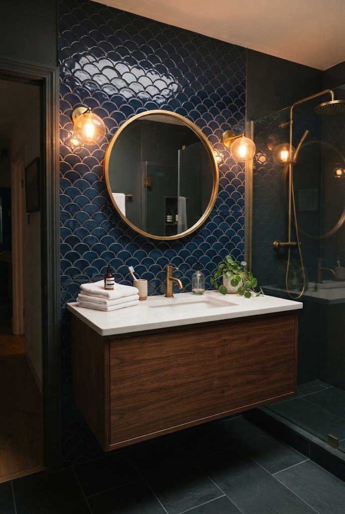 Navy blue fish-scale tile accent wall with a walnut vanity and brass mirror