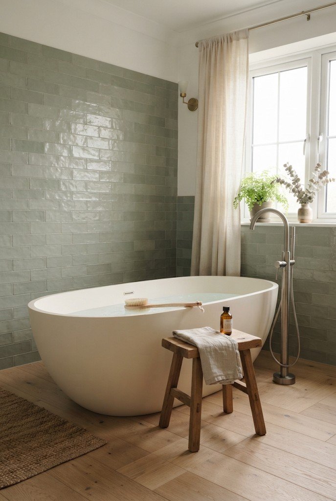 Sage green handmade tile around a freestanding cream bathtub