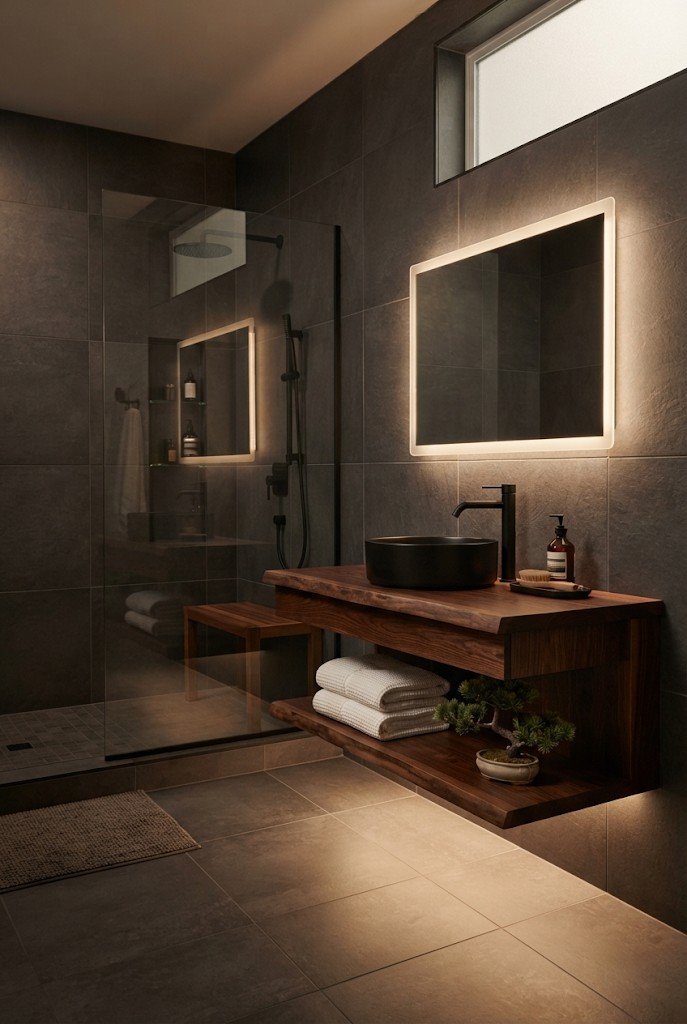 Charcoal large-format stone tile bathroom with warm under-vanity lighting