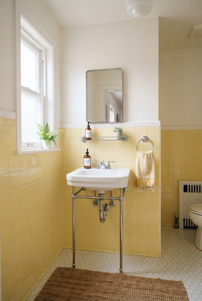 Butter yellow tile wainscot with white upper walls and a wall-mounted sink