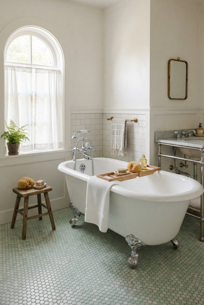 Mint green penny tile floor with a white clawfoot tub