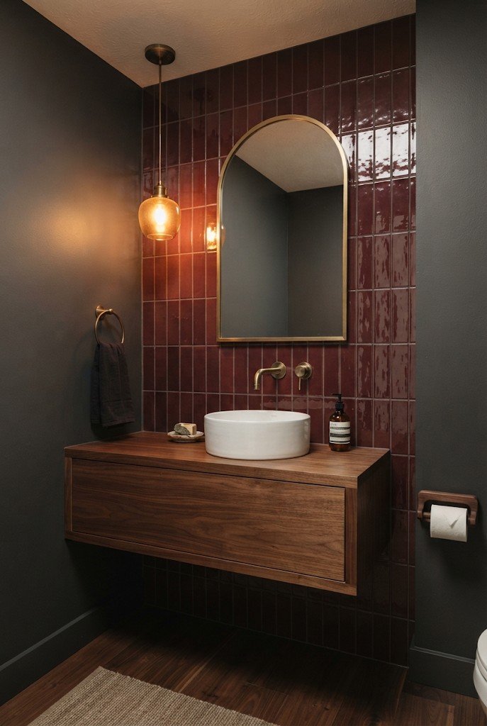 Oxblood burgundy glazed tile wall with a brass faucet and wood vanity