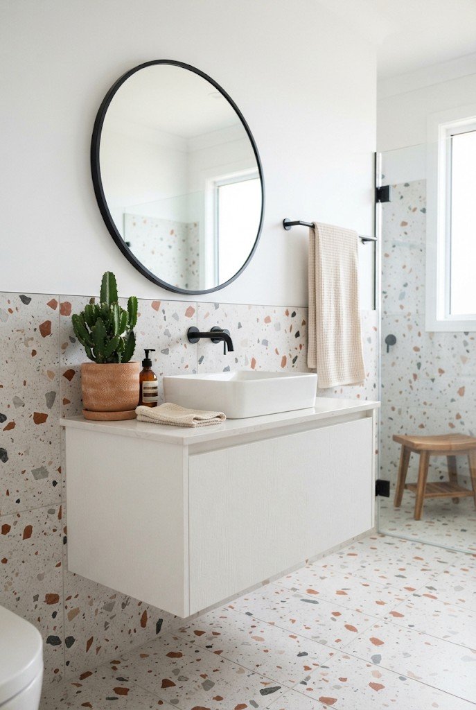 Speckled terrazzo tile bathroom with matte black fixtures