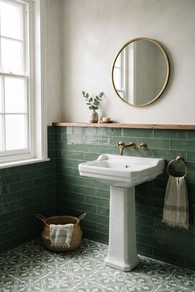 Forest green lower tile wall with soft white limewash upper wall and wood shelf