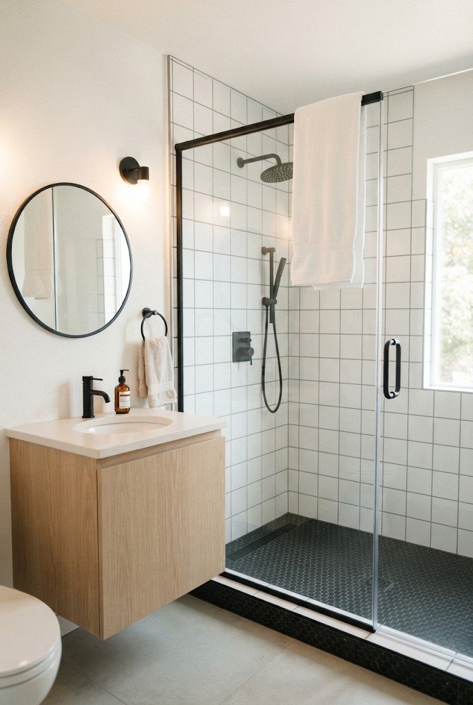 Matte black hexagon shower floor with white square wall tile and glass door
