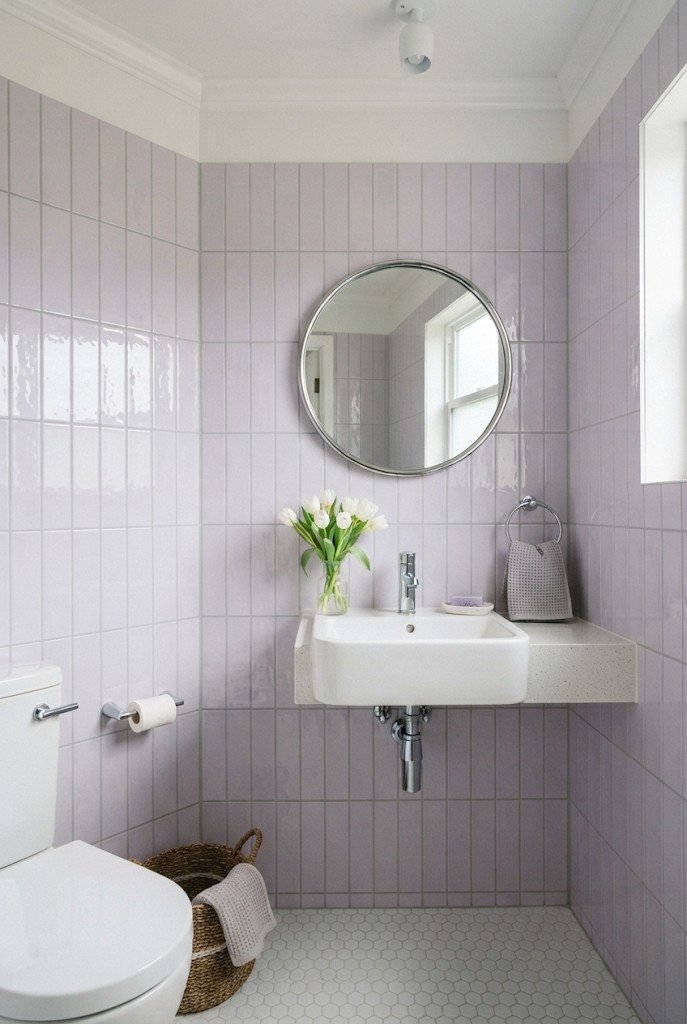 Lavender tile powder room with a white sink and round chrome mirror