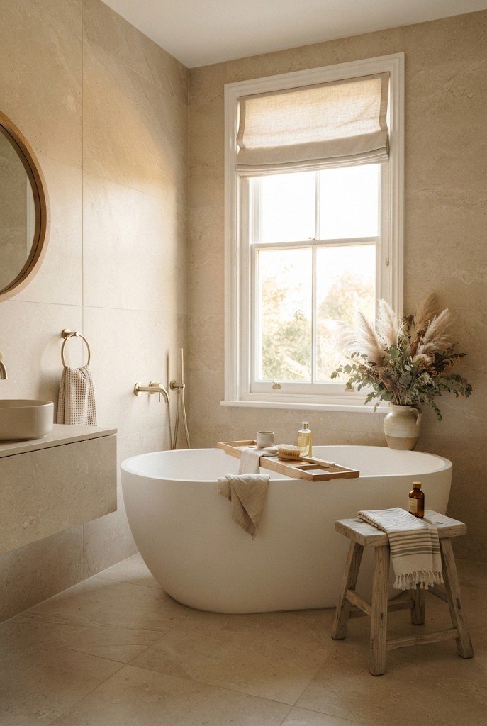 Warm beige limestone-look tile bathroom with a freestanding tub and linen towels