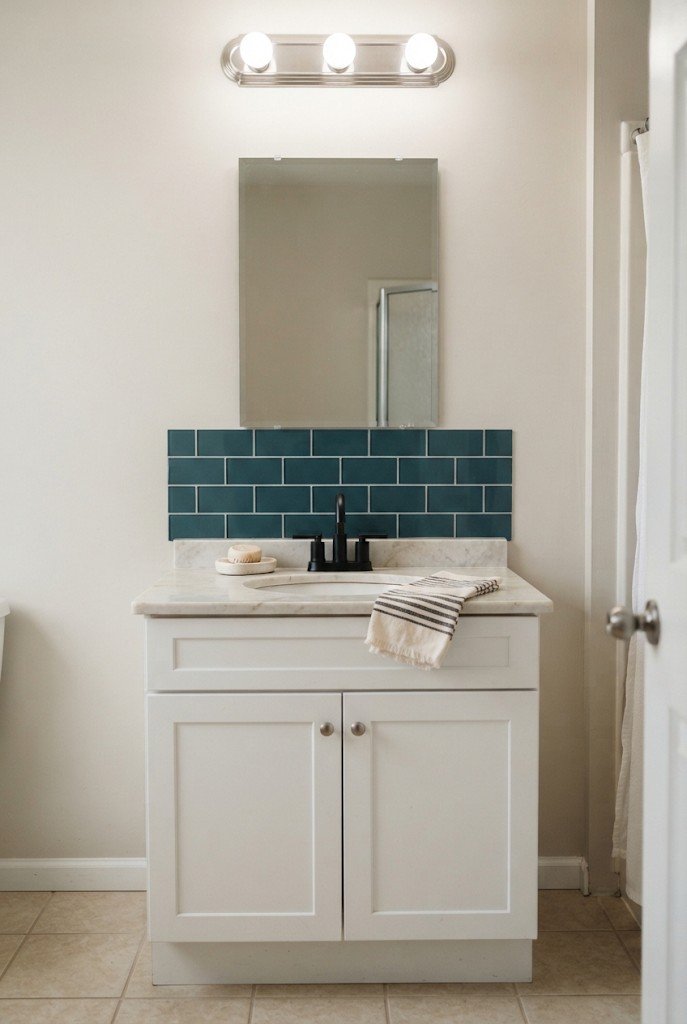 Deep teal peel-and-stick tile backsplash behind a basic rental bathroom vanity