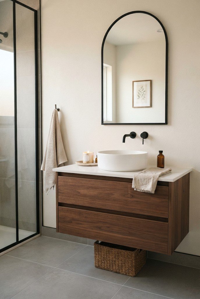 Floating walnut vanity with a white vessel sink and tall arched mirror