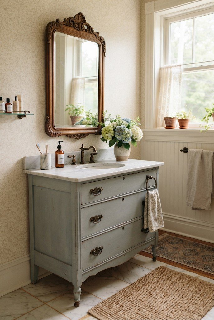 Antique blue-painted dresser converted into a bathroom vanity with an undermount sink