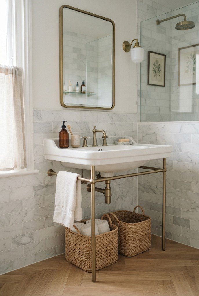Wall-mounted console sink with brass legs and towel bar