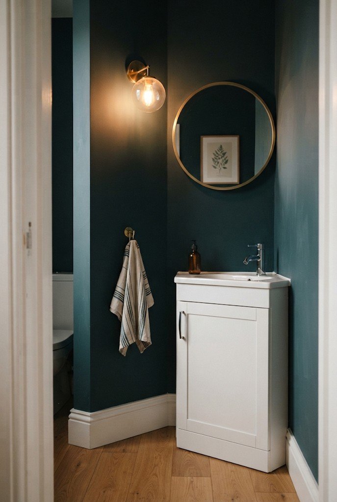 Tiny corner vanity with a round mirror in a small powder room