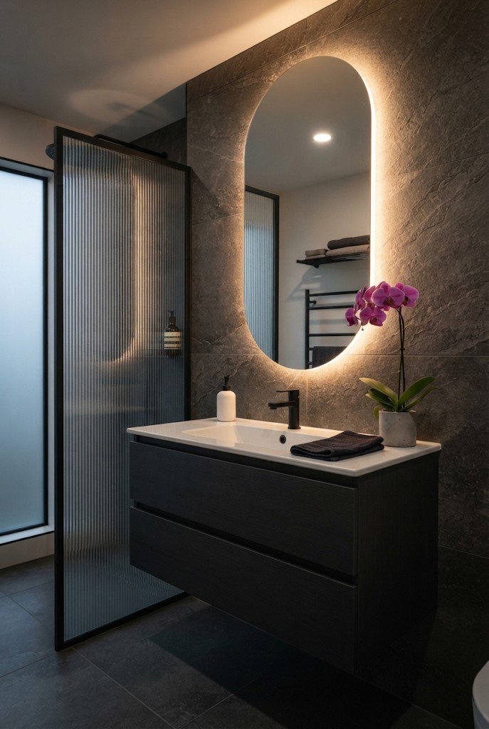 Backlit pill-shaped LED mirror over a dark gray floating vanity