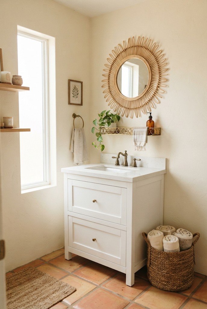Round rattan mirror over a white vanity with plants and woven basket