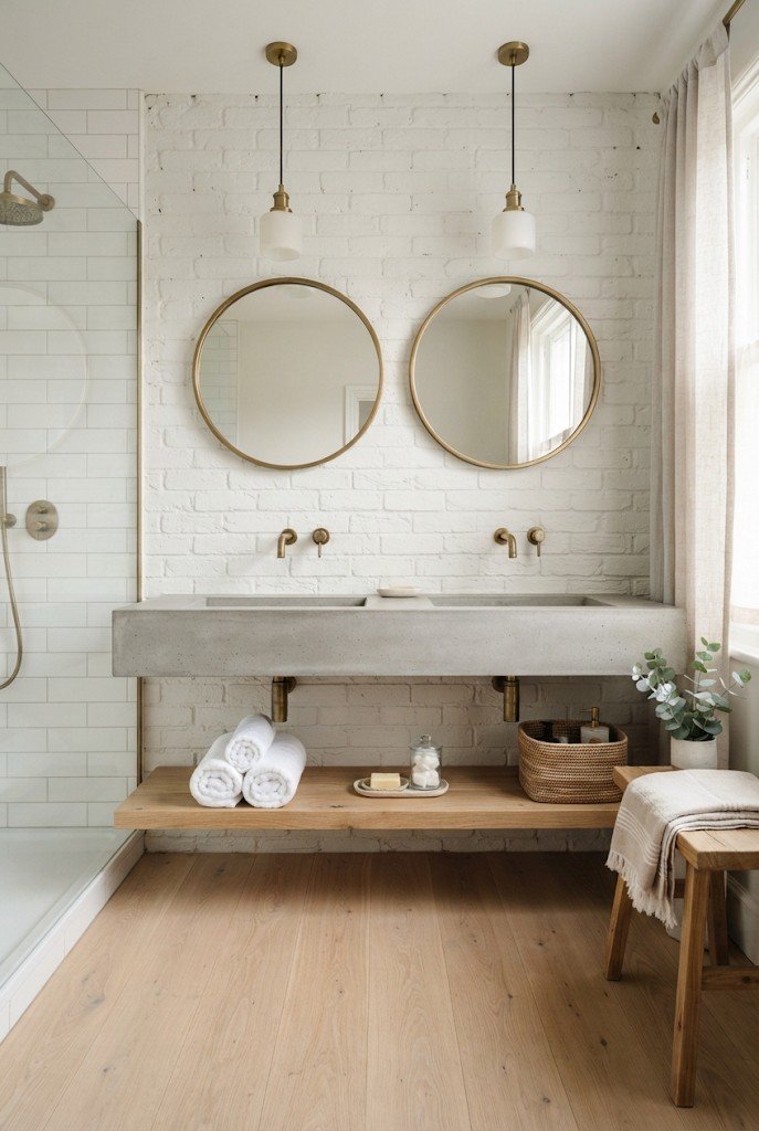 Concrete trough sink with two faucets and two round mirrors