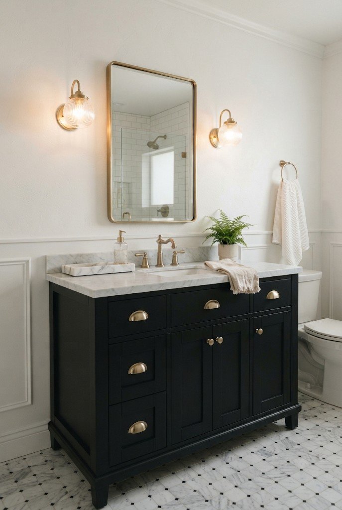 Black vanity with white marble top and gold faucet