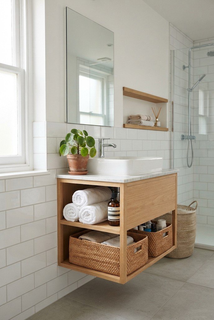 Open shelf wood vanity with baskets and rolled towels