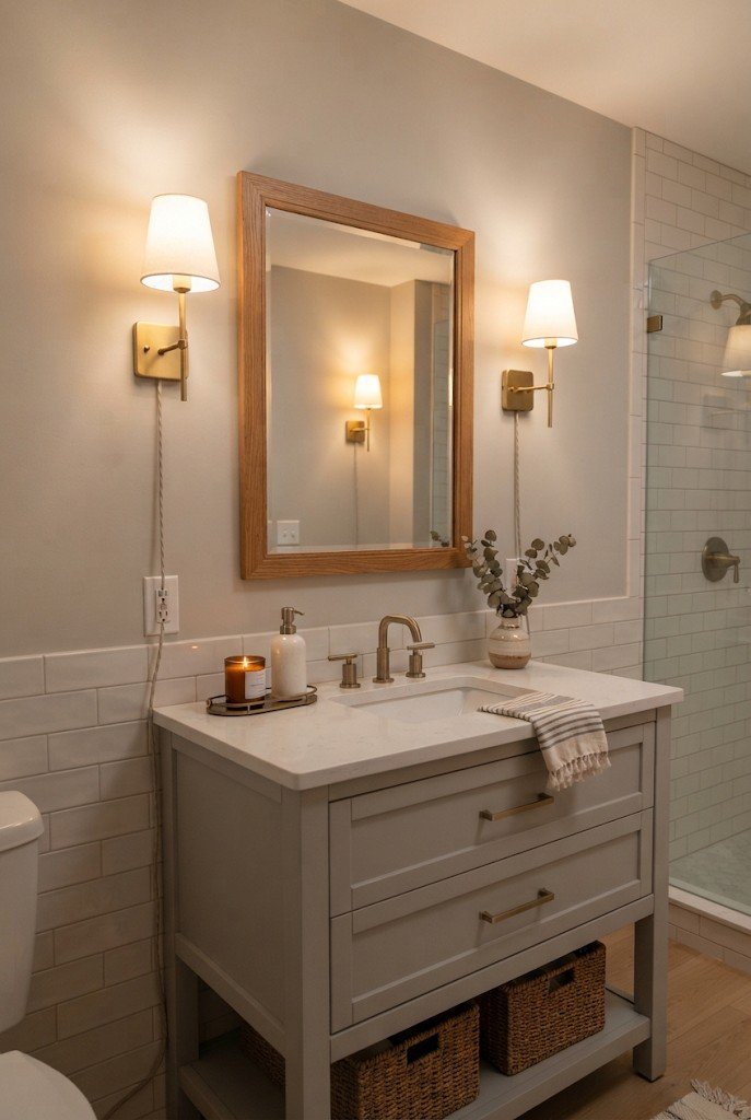 Rectangular mirror with plug-in wall sconces on each side above a vanity