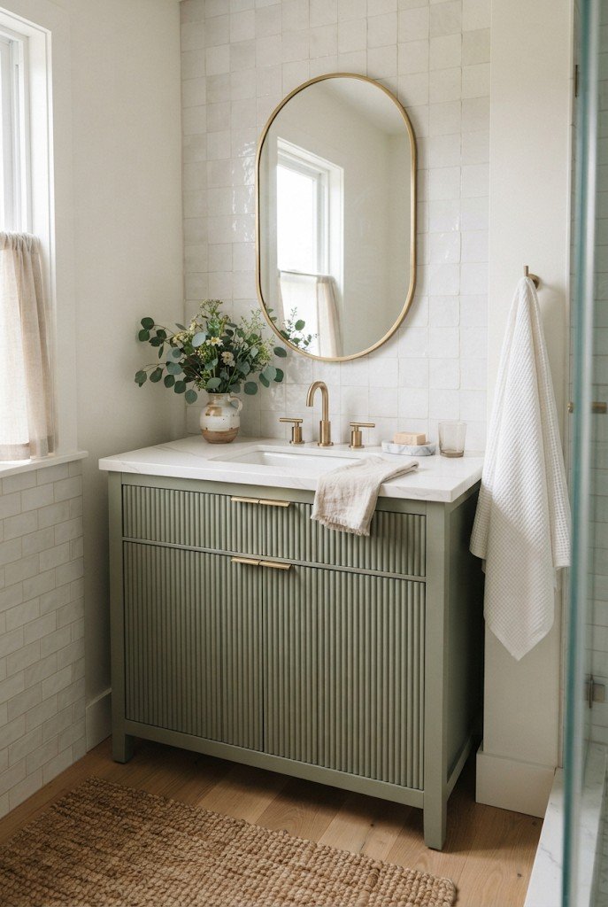 Fluted sage green vanity with brass faucet and oval mirror