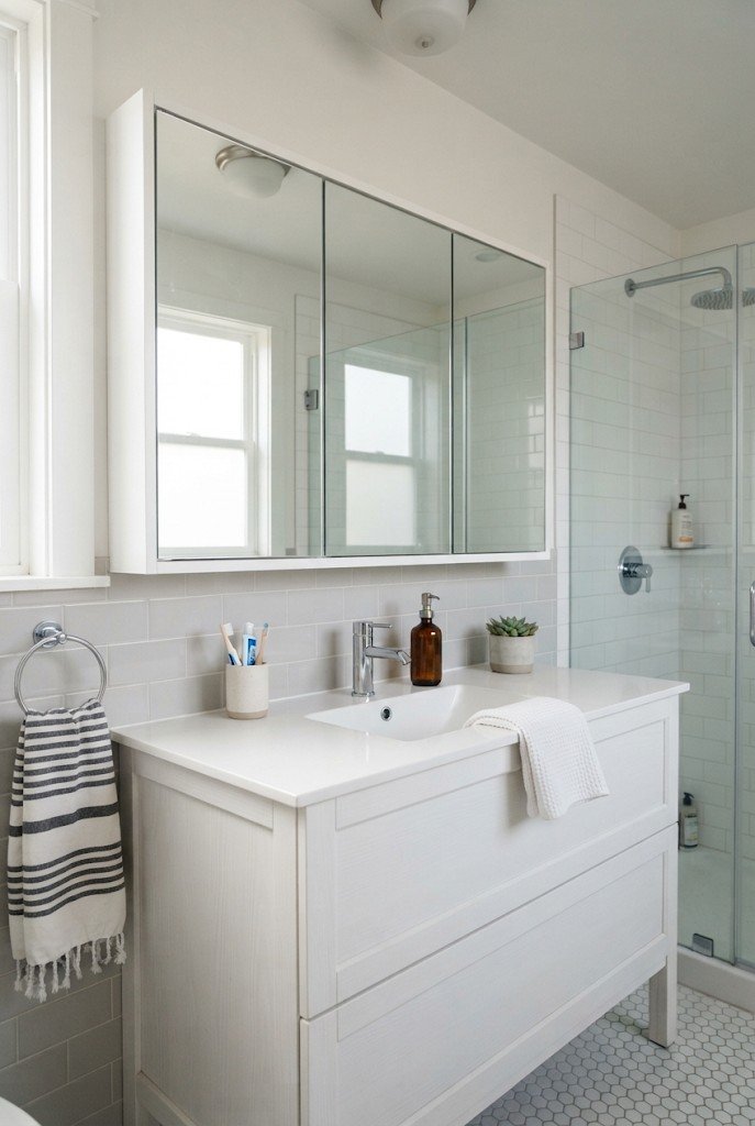Three-door mirrored medicine cabinet over a white vanity in a shared bathroom