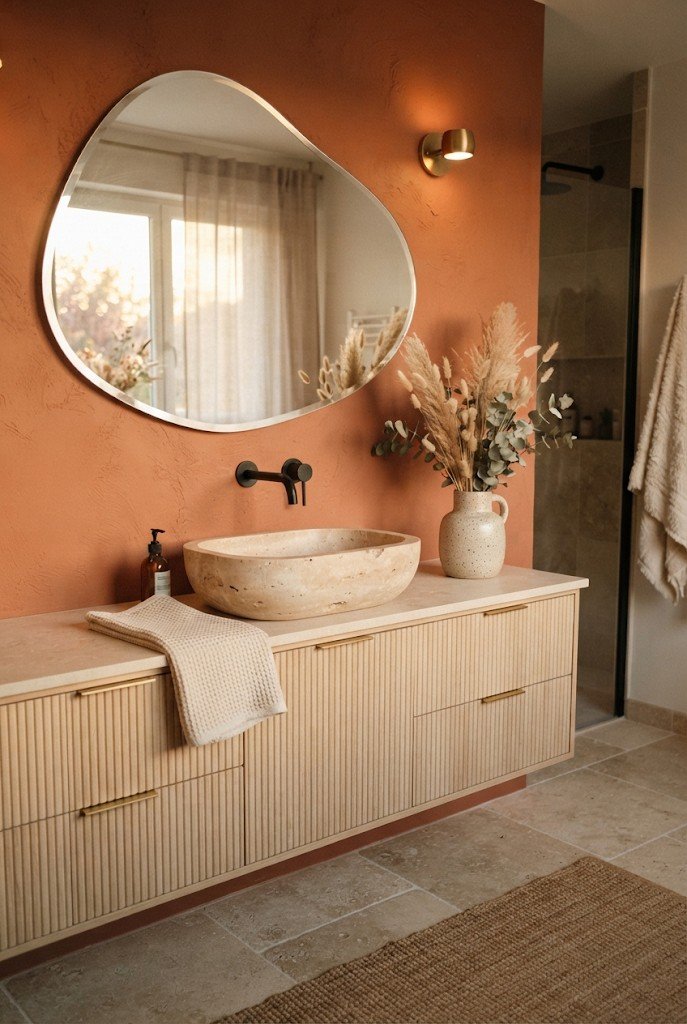 Irregular organic shaped mirror on a terracotta painted wall above a cream vanity