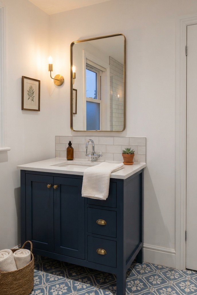 Navy blue painted vanity with brass knobs and white top