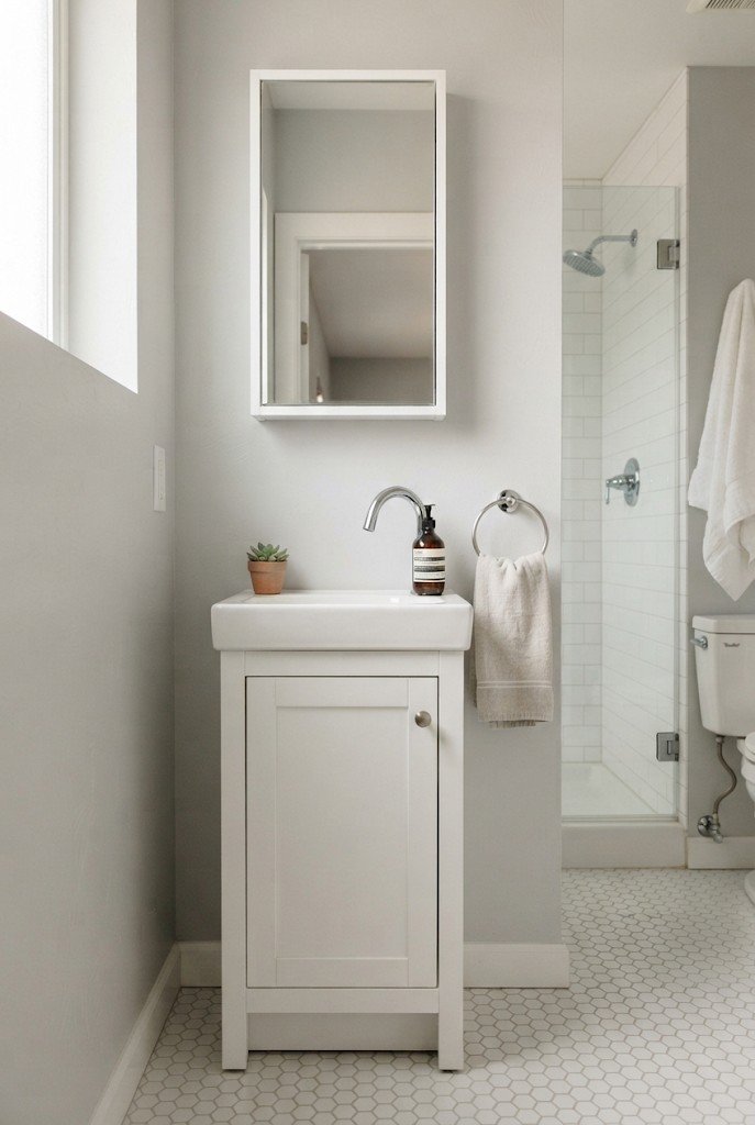 Narrow 18-inch white vanity in a tiny bathroom