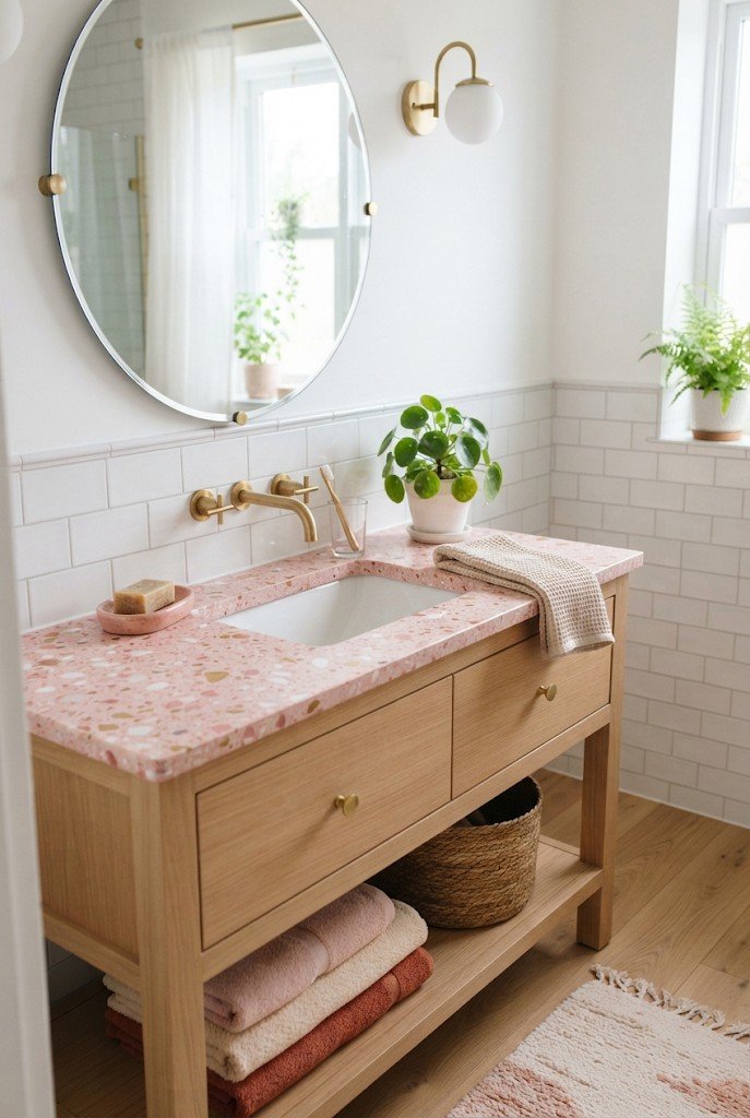 Pink terrazzo countertop on a light wood vanity with a round mirror