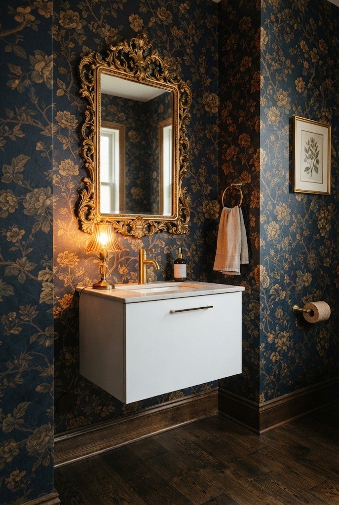 Vintage gilded mirror over a modern vanity against dark floral wallpaper