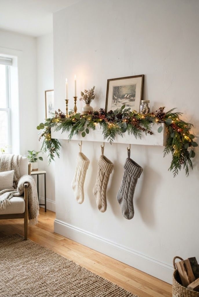 White floating shelf styled as a faux mantel with cedar garland, lights, candlesticks and knit stockings below