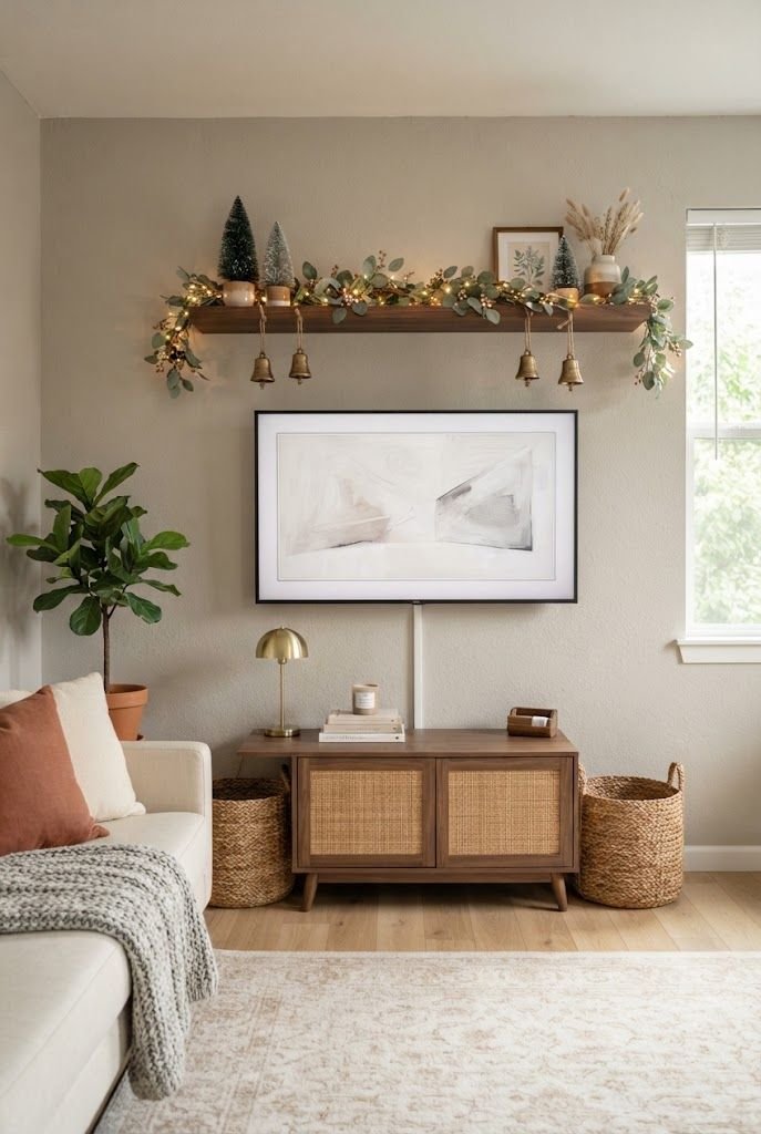 Walnut floating shelf above a wall TV styled with a lit garland, brass bells and mini trees over a rattan console