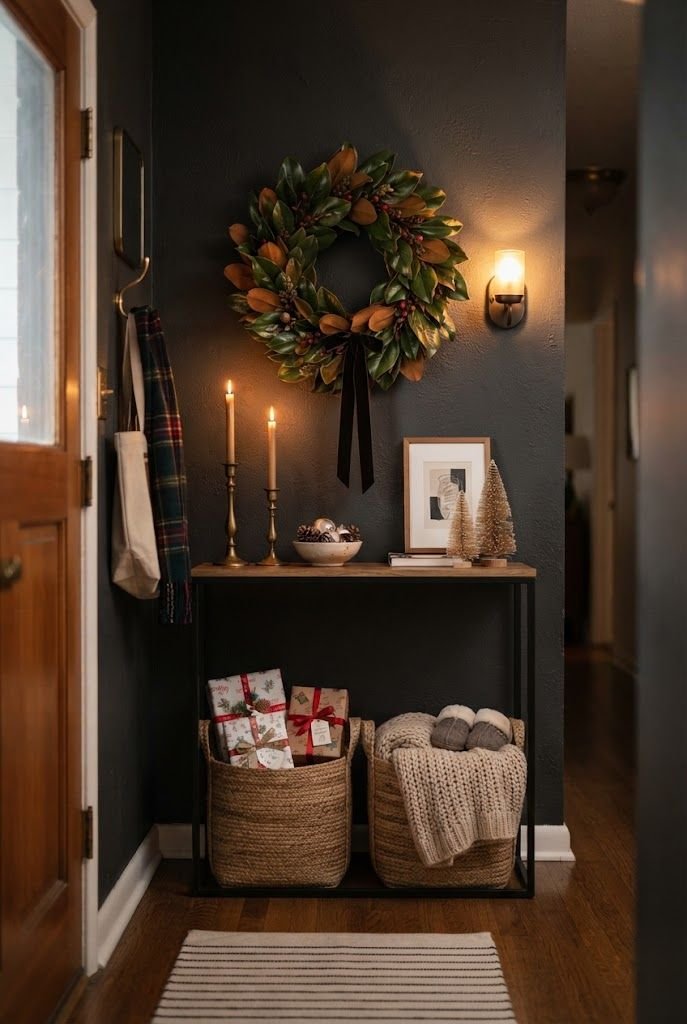 Black console table styled as a Christmas mantel with brass candlesticks and a magnolia wreath on a charcoal entry wall
