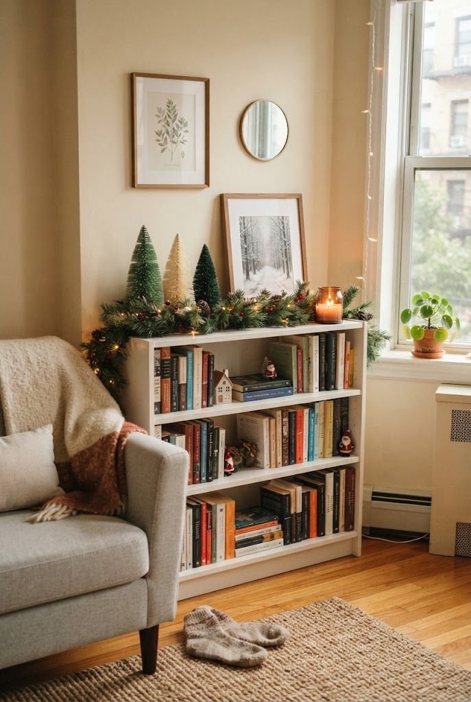 Low white bookshelf topped with a pine garland and bottle brush trees like a Christmas mantel in a cream living room