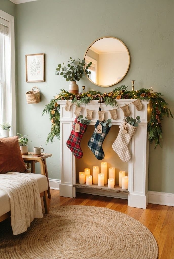 White faux fireplace surround filled with glowing pillar candles, cedar garland and plaid stockings on a sage green wall