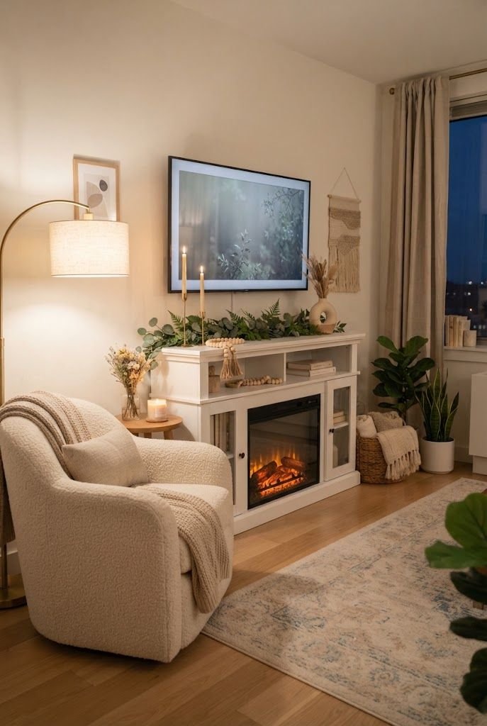 White electric fireplace TV stand with glowing flames and a greenery runner on top in a cozy apartment living room