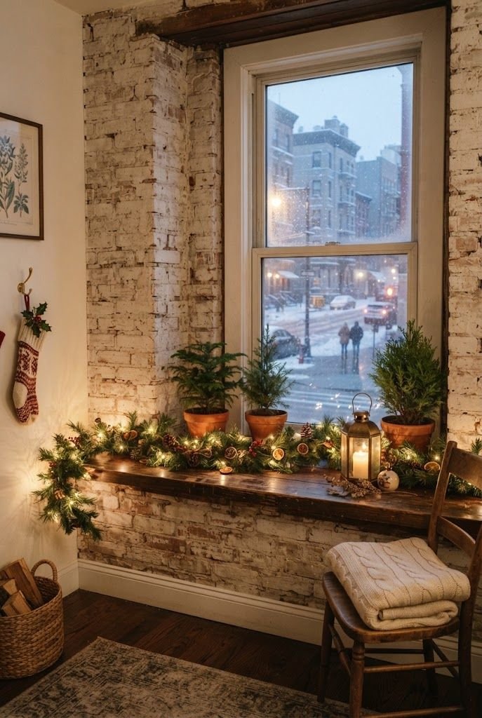 Deep windowsill styled like a mantel with a lit pine garland, potted evergreens and a lantern by a snowy city window