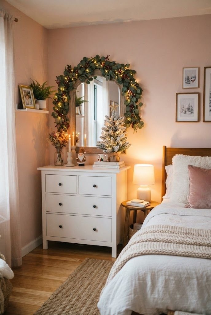 White bedroom dresser styled as a Christmas mantel with a garland-draped arched mirror and flocked mini tree, pink walls
