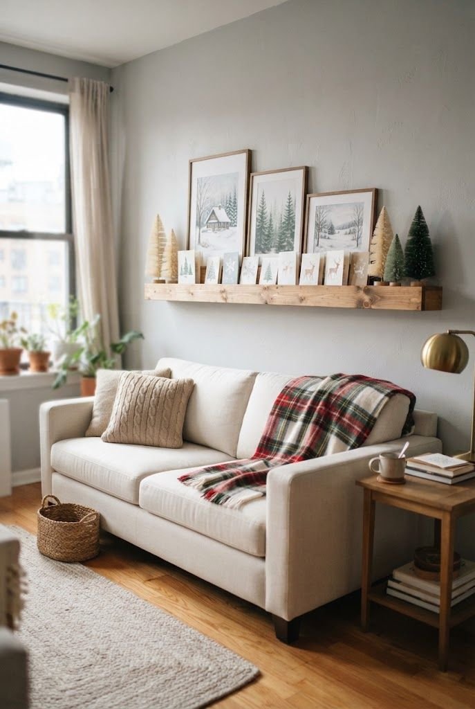 Wood picture ledge above a cream sofa with holiday cards, winter art prints and mini bottle brush trees