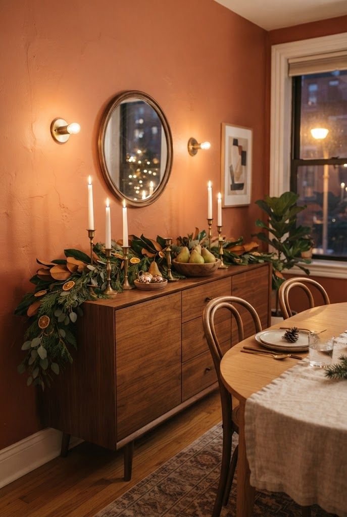 Walnut sideboard with magnolia garland and white taper candles styled as a mantel in a terracotta dining area