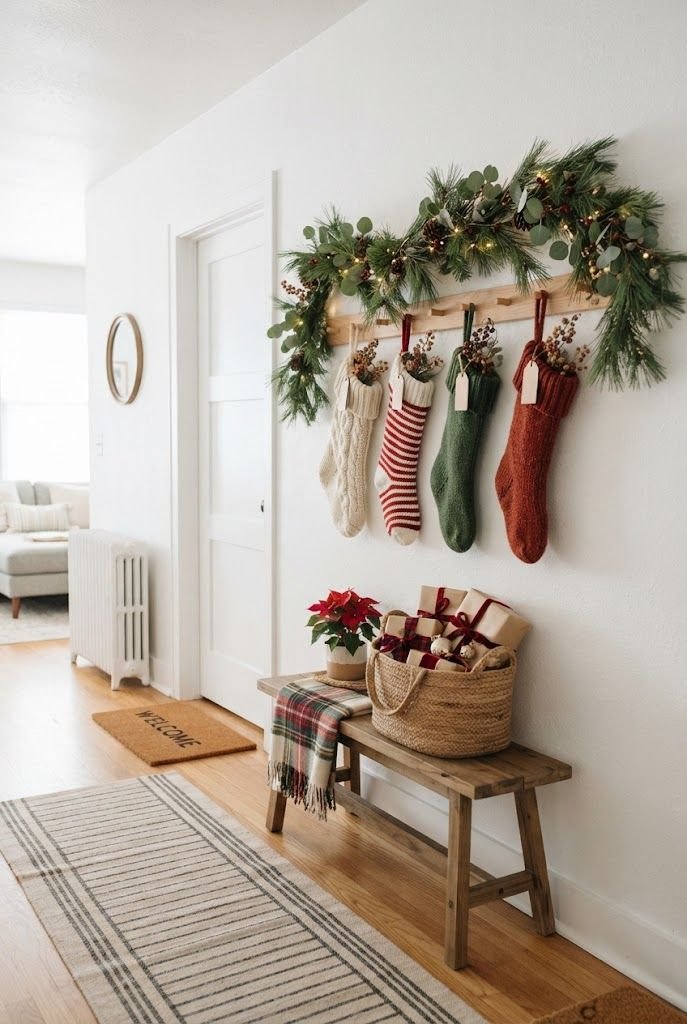 Knit Christmas stockings hanging from a Shaker peg rail under a pine garland above a wooden bench in a white entry
