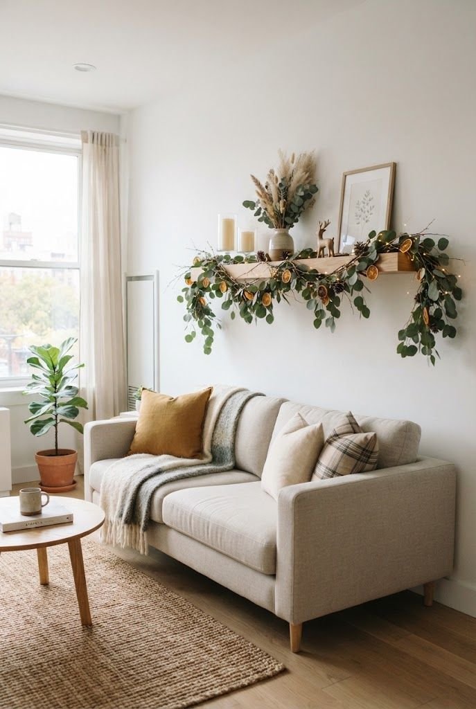 Light oak floating shelf with a eucalyptus and dried orange garland and pillar candles above a linen sofa